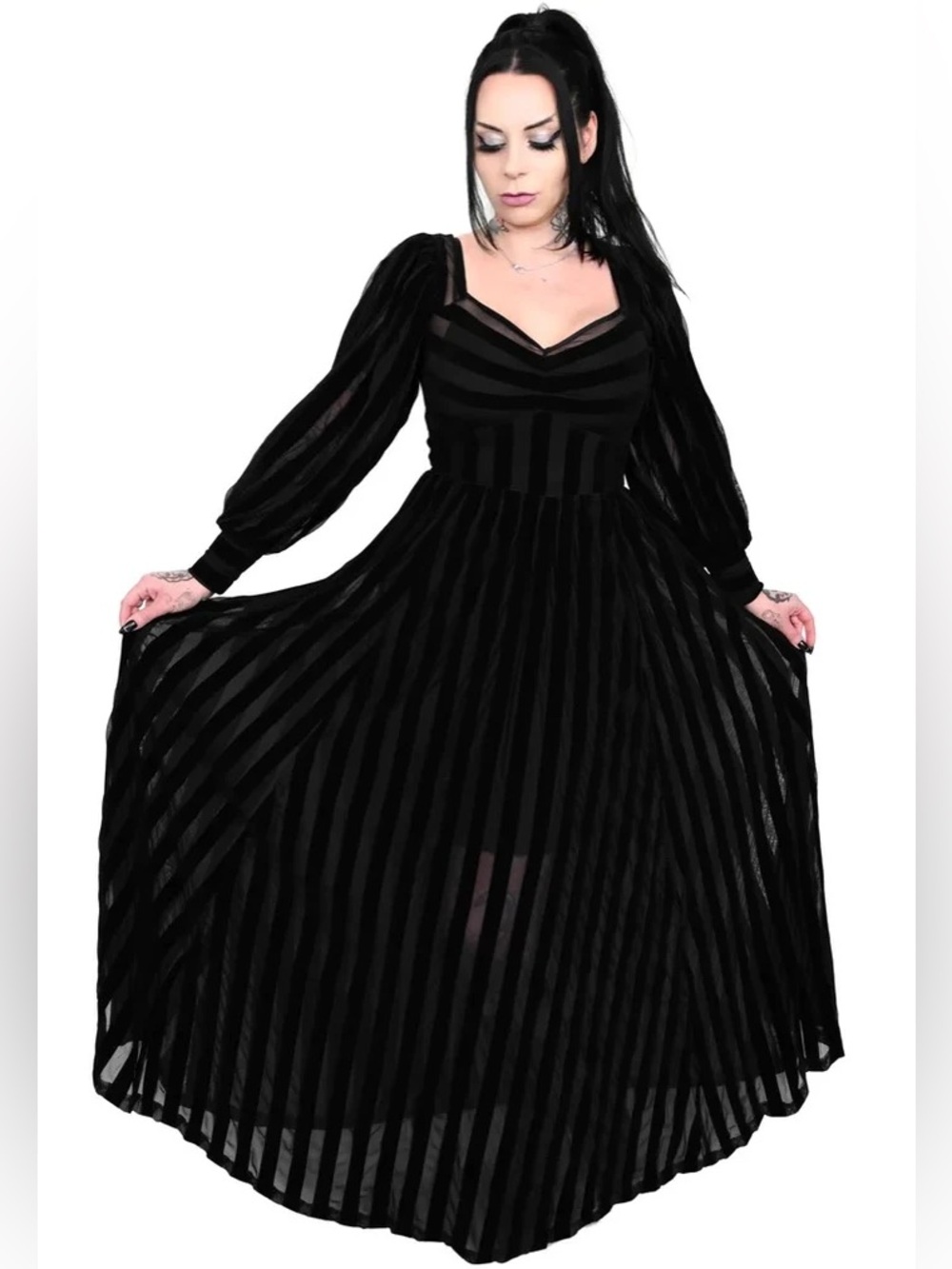 NWT Foxblood Victoria Striped Black Mesh Gown